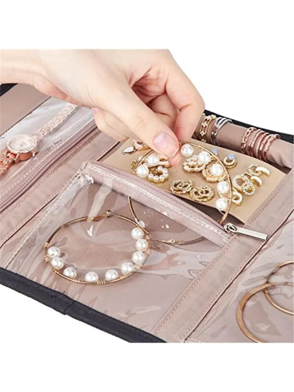 Travel Jewelry Organizer Case Foldable Necklace Ring Earring Storage Roll Bag